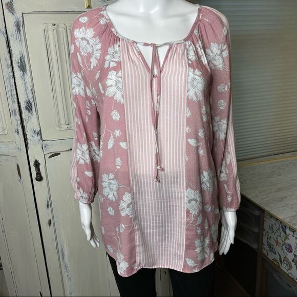 Fred David Pink Floral Tie Neck Long Sleeve Top Size Small - Picture 13 of 15
